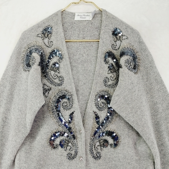 Marisa Christina Gray Wool Knit Sequin Long Sleeve Button Front Cardigan P3803 - Picture 2 of 10